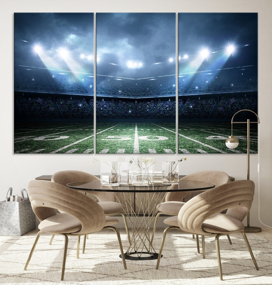 The *American Football Stadium Wall Art Canvas Print*, showcasing a lit football stadium, hangs prominently.