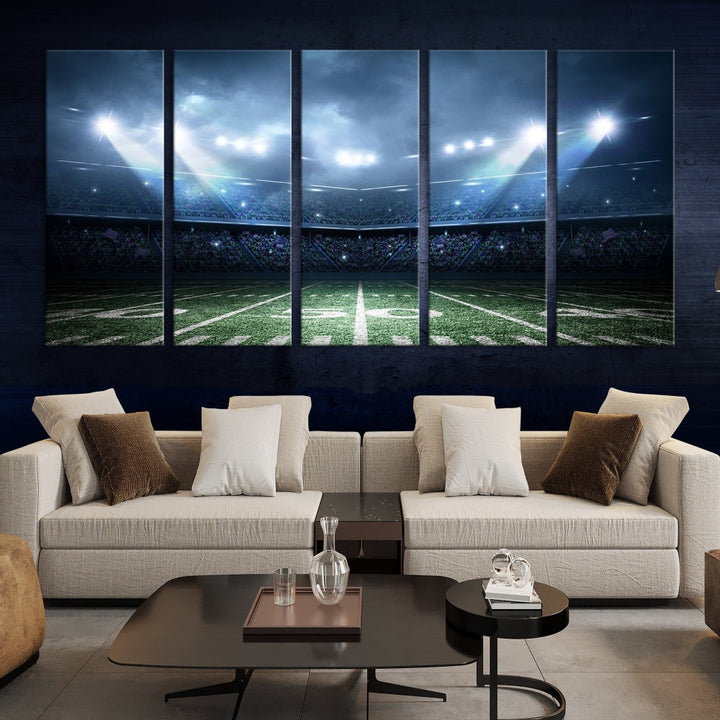 The *American Football Stadium Wall Art Canvas Print*, showcasing a lit football stadium, hangs prominently.