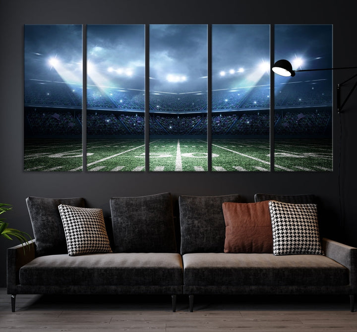 The *American Football Stadium Wall Art Canvas Print*, showcasing a lit football stadium, hangs prominently.