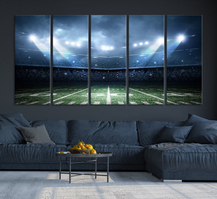 The *American Football Stadium Wall Art Canvas Print*, showcasing a lit football stadium, hangs prominently.