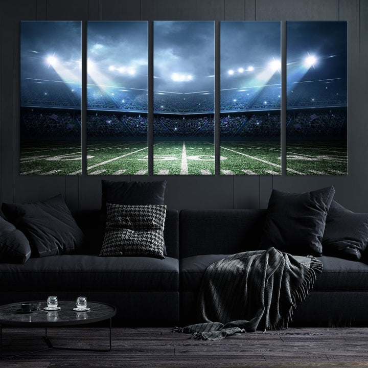 The *American Football Stadium Wall Art Canvas Print*, showcasing a lit football stadium, hangs prominently.