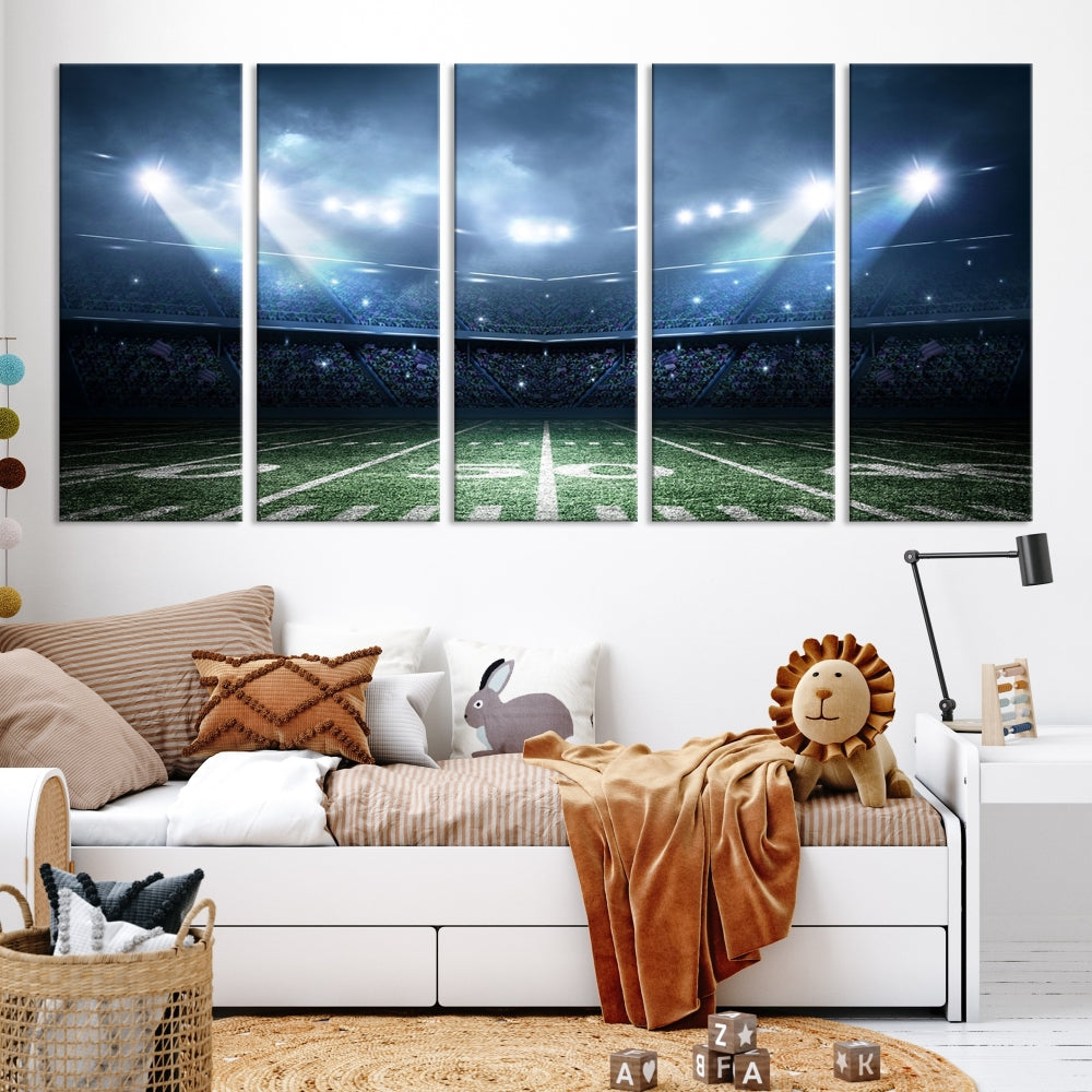 The *American Football Stadium Wall Art Canvas Print*, showcasing a lit football stadium, hangs prominently.