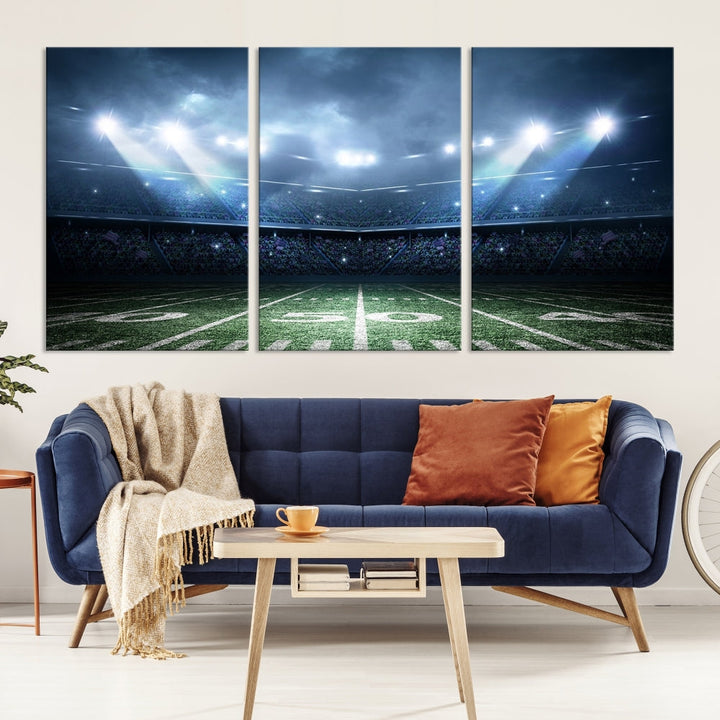 The *American Football Stadium Wall Art Canvas Print*, showcasing a lit football stadium, hangs prominently.