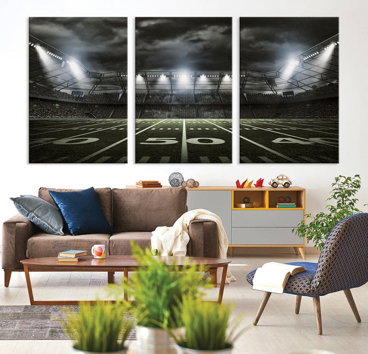 A print of an American football stadium elegantly hangs on the wall. This striking wall art piece, crafted on museum-quality canvas, features gallery wrapped edges for a polished appearance. Enjoy free shipping on this stunning artwork, known as the American Football Stadium Wall Art Canvas Print or Stadium Sport Wall Art Print.