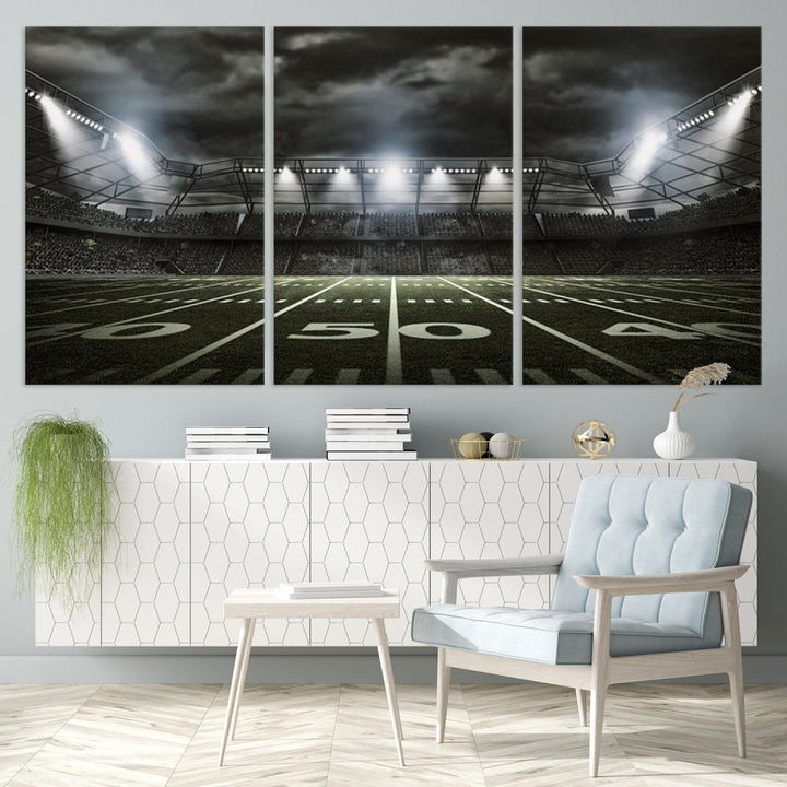 A print of an American football stadium elegantly hangs on the wall. This striking wall art piece, crafted on museum-quality canvas, features gallery wrapped edges for a polished appearance. Enjoy free shipping on this stunning artwork, known as the American Football Stadium Wall Art Canvas Print or Stadium Sport Wall Art Print.