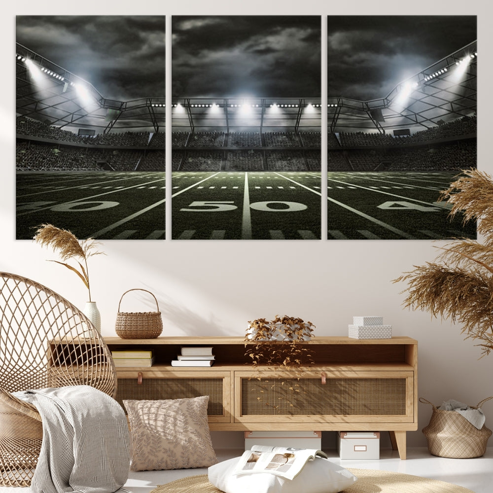 A print of an American football stadium elegantly hangs on the wall. This striking wall art piece, crafted on museum-quality canvas, features gallery wrapped edges for a polished appearance. Enjoy free shipping on this stunning artwork, known as the American Football Stadium Wall Art Canvas Print or Stadium Sport Wall Art Print.