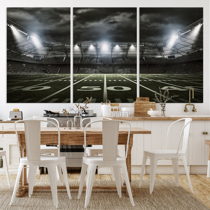 A print of an American football stadium elegantly hangs on the wall. This striking wall art piece, crafted on museum-quality canvas, features gallery wrapped edges for a polished appearance. Enjoy free shipping on this stunning artwork, known as the American Football Stadium Wall Art Canvas Print or Stadium Sport Wall Art Print.