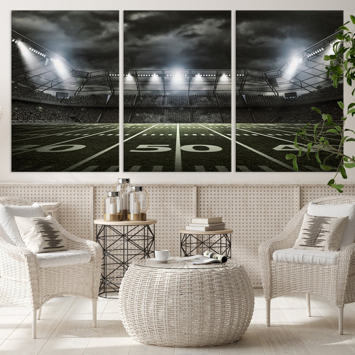 A print of an American football stadium elegantly hangs on the wall. This striking wall art piece, crafted on museum-quality canvas, features gallery wrapped edges for a polished appearance. Enjoy free shipping on this stunning artwork, known as the American Football Stadium Wall Art Canvas Print or Stadium Sport Wall Art Print.