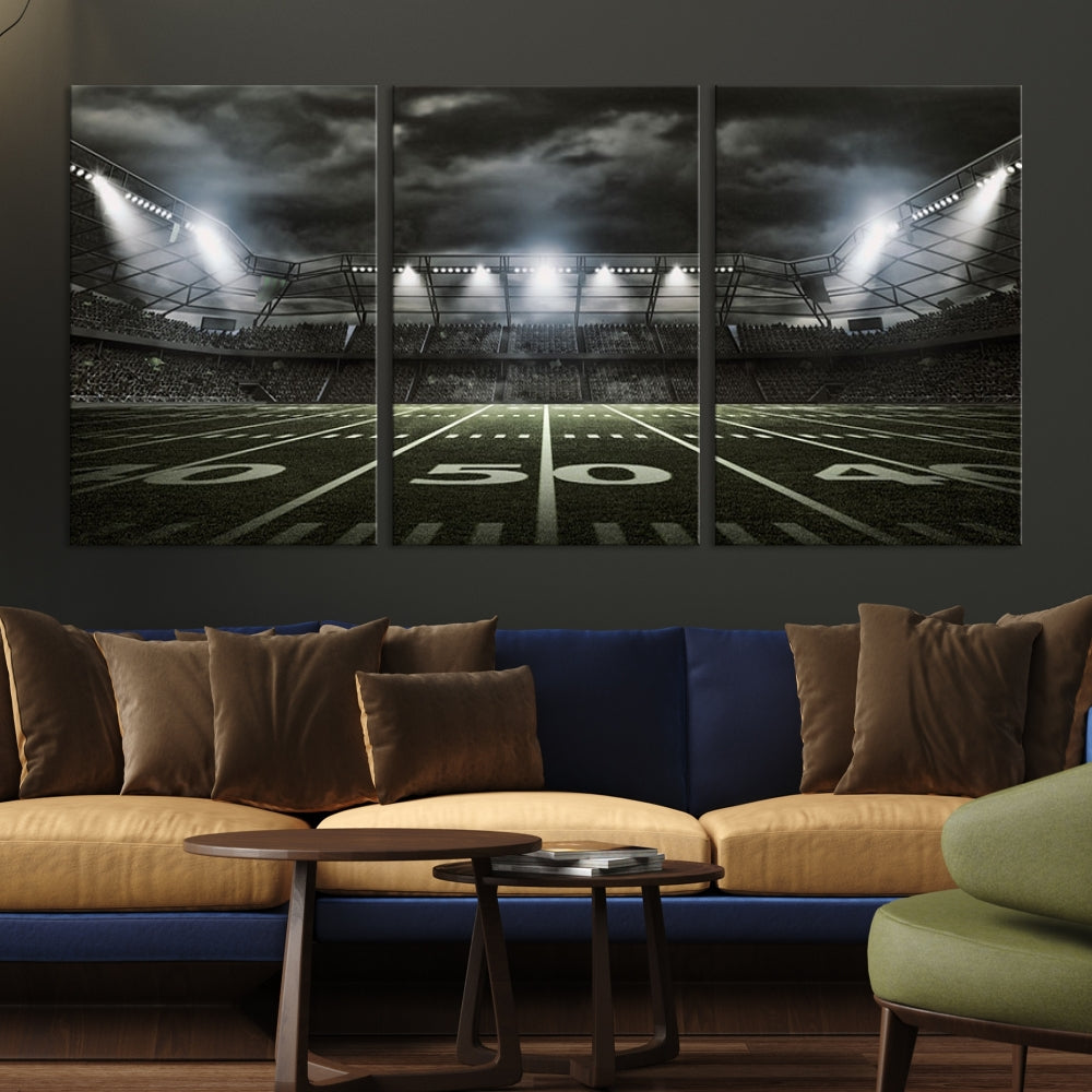 A print of an American football stadium elegantly hangs on the wall. This striking wall art piece, crafted on museum-quality canvas, features gallery wrapped edges for a polished appearance. Enjoy free shipping on this stunning artwork, known as the American Football Stadium Wall Art Canvas Print or Stadium Sport Wall Art Print.