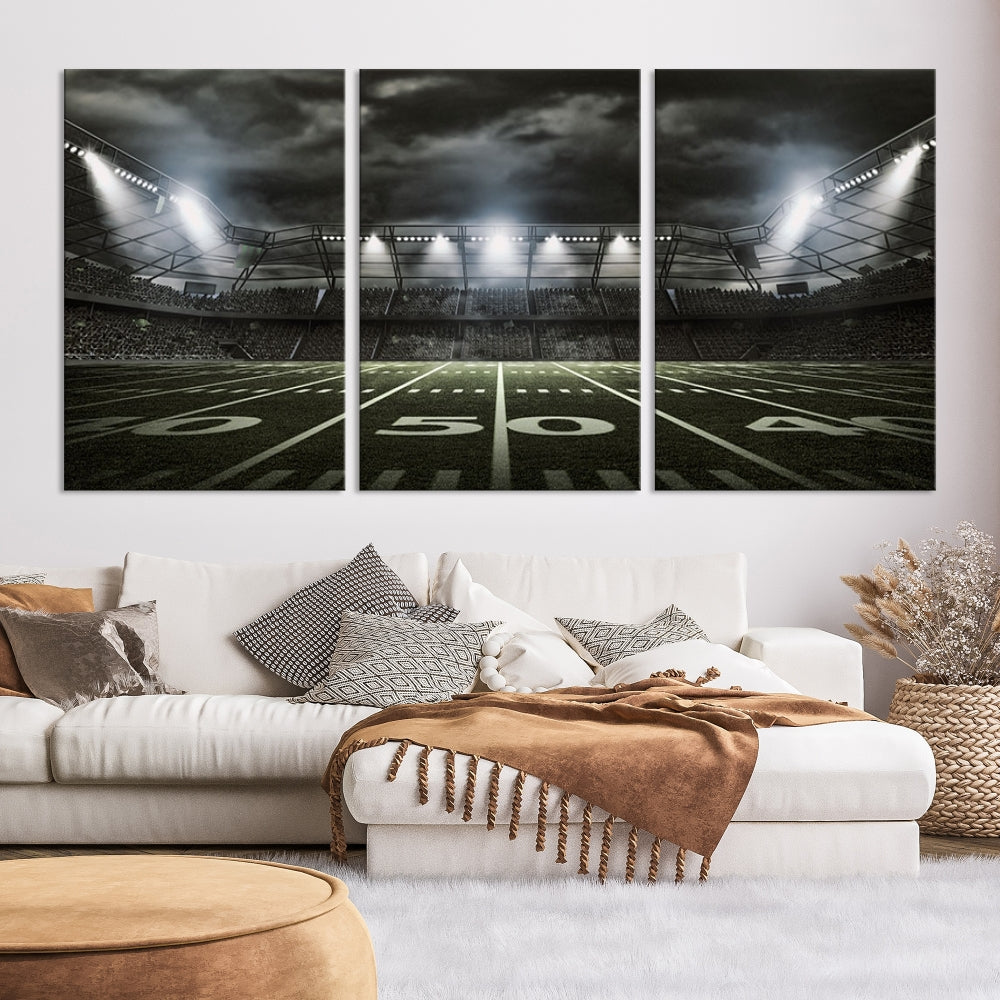 A print of an American football stadium elegantly hangs on the wall. This striking wall art piece, crafted on museum-quality canvas, features gallery wrapped edges for a polished appearance. Enjoy free shipping on this stunning artwork, known as the American Football Stadium Wall Art Canvas Print or Stadium Sport Wall Art Print.