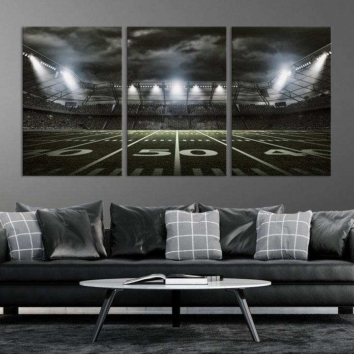 A print of an American football stadium elegantly hangs on the wall. This striking wall art piece, crafted on museum-quality canvas, features gallery wrapped edges for a polished appearance. Enjoy free shipping on this stunning artwork, known as the American Football Stadium Wall Art Canvas Print or Stadium Sport Wall Art Print.