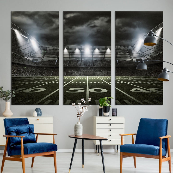 A print of an American football stadium elegantly hangs on the wall. This striking wall art piece, crafted on museum-quality canvas, features gallery wrapped edges for a polished appearance. Enjoy free shipping on this stunning artwork, known as the American Football Stadium Wall Art Canvas Print or Stadium Sport Wall Art Print.