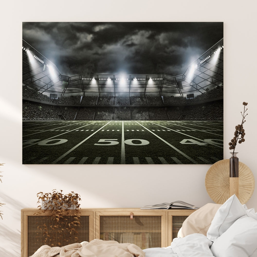 A print of an American football stadium elegantly hangs on the wall. This striking wall art piece, crafted on museum-quality canvas, features gallery wrapped edges for a polished appearance. Enjoy free shipping on this stunning artwork, known as the American Football Stadium Wall Art Canvas Print or Stadium Sport Wall Art Print.