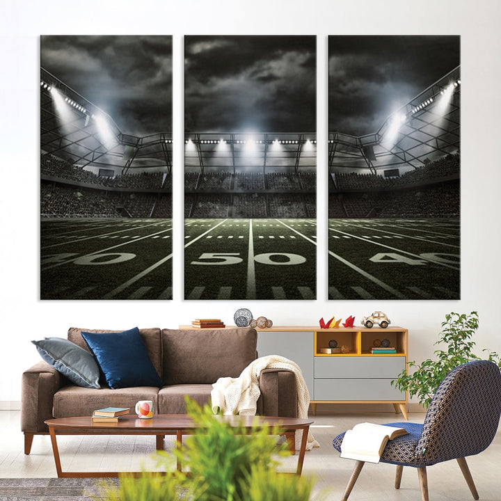 A print of an American football stadium elegantly hangs on the wall. This striking wall art piece, crafted on museum-quality canvas, features gallery wrapped edges for a polished appearance. Enjoy free shipping on this stunning artwork, known as the American Football Stadium Wall Art Canvas Print or Stadium Sport Wall Art Print.