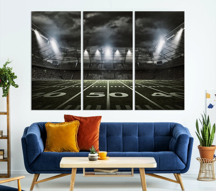 A print of an American football stadium elegantly hangs on the wall. This striking wall art piece, crafted on museum-quality canvas, features gallery wrapped edges for a polished appearance. Enjoy free shipping on this stunning artwork, known as the American Football Stadium Wall Art Canvas Print or Stadium Sport Wall Art Print.