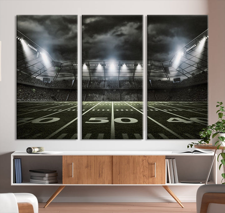 A print of an American football stadium elegantly hangs on the wall. This striking wall art piece, crafted on museum-quality canvas, features gallery wrapped edges for a polished appearance. Enjoy free shipping on this stunning artwork, known as the American Football Stadium Wall Art Canvas Print or Stadium Sport Wall Art Print.