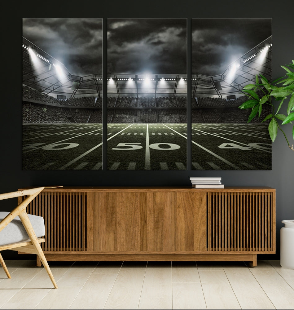 A print of an American football stadium elegantly hangs on the wall. This striking wall art piece, crafted on museum-quality canvas, features gallery wrapped edges for a polished appearance. Enjoy free shipping on this stunning artwork, known as the American Football Stadium Wall Art Canvas Print or Stadium Sport Wall Art Print.