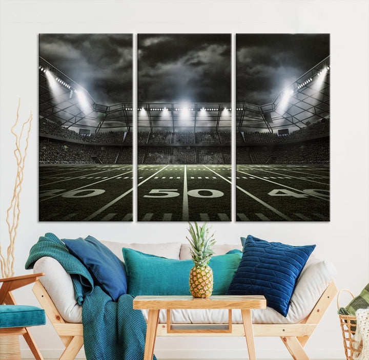 A print of an American football stadium elegantly hangs on the wall. This striking wall art piece, crafted on museum-quality canvas, features gallery wrapped edges for a polished appearance. Enjoy free shipping on this stunning artwork, known as the American Football Stadium Wall Art Canvas Print or Stadium Sport Wall Art Print.