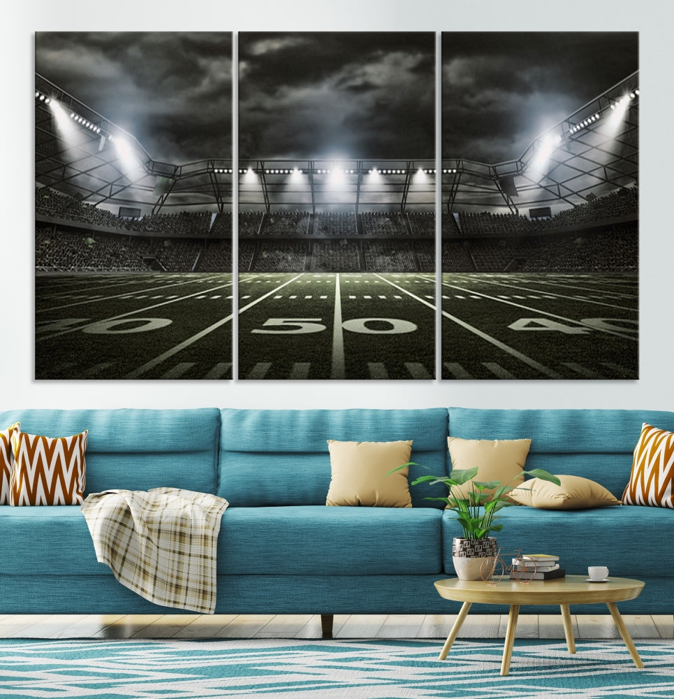 A print of an American football stadium elegantly hangs on the wall. This striking wall art piece, crafted on museum-quality canvas, features gallery wrapped edges for a polished appearance. Enjoy free shipping on this stunning artwork, known as the American Football Stadium Wall Art Canvas Print or Stadium Sport Wall Art Print.