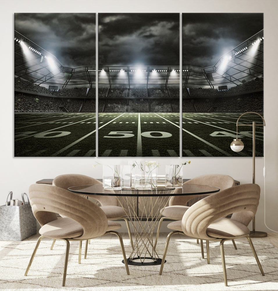 A print of an American football stadium elegantly hangs on the wall. This striking wall art piece, crafted on museum-quality canvas, features gallery wrapped edges for a polished appearance. Enjoy free shipping on this stunning artwork, known as the American Football Stadium Wall Art Canvas Print or Stadium Sport Wall Art Print.