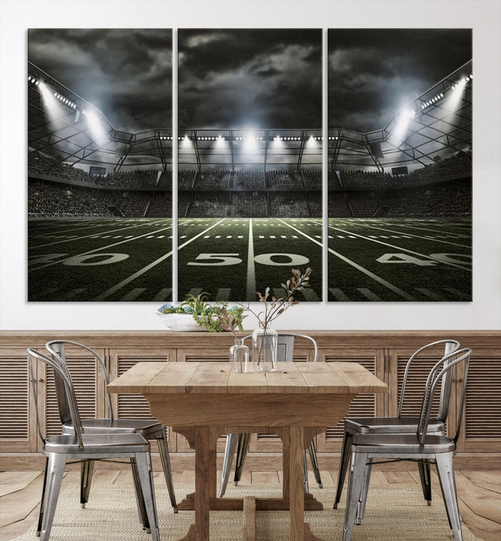 A print of an American football stadium elegantly hangs on the wall. This striking wall art piece, crafted on museum-quality canvas, features gallery wrapped edges for a polished appearance. Enjoy free shipping on this stunning artwork, known as the American Football Stadium Wall Art Canvas Print or Stadium Sport Wall Art Print.