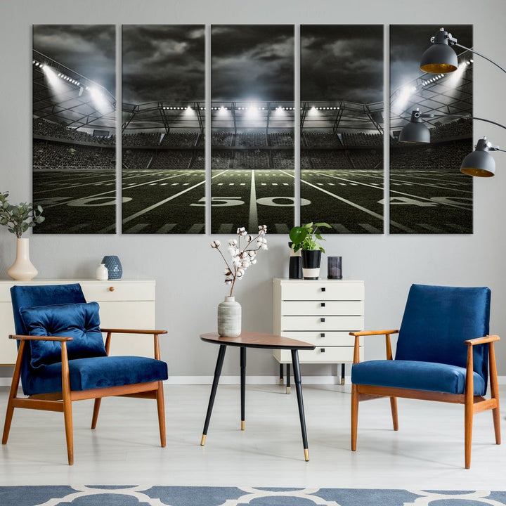 A print of an American football stadium elegantly hangs on the wall. This striking wall art piece, crafted on museum-quality canvas, features gallery wrapped edges for a polished appearance. Enjoy free shipping on this stunning artwork, known as the American Football Stadium Wall Art Canvas Print or Stadium Sport Wall Art Print.