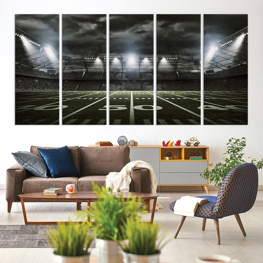 A print of an American football stadium elegantly hangs on the wall. This striking wall art piece, crafted on museum-quality canvas, features gallery wrapped edges for a polished appearance. Enjoy free shipping on this stunning artwork, known as the American Football Stadium Wall Art Canvas Print or Stadium Sport Wall Art Print.