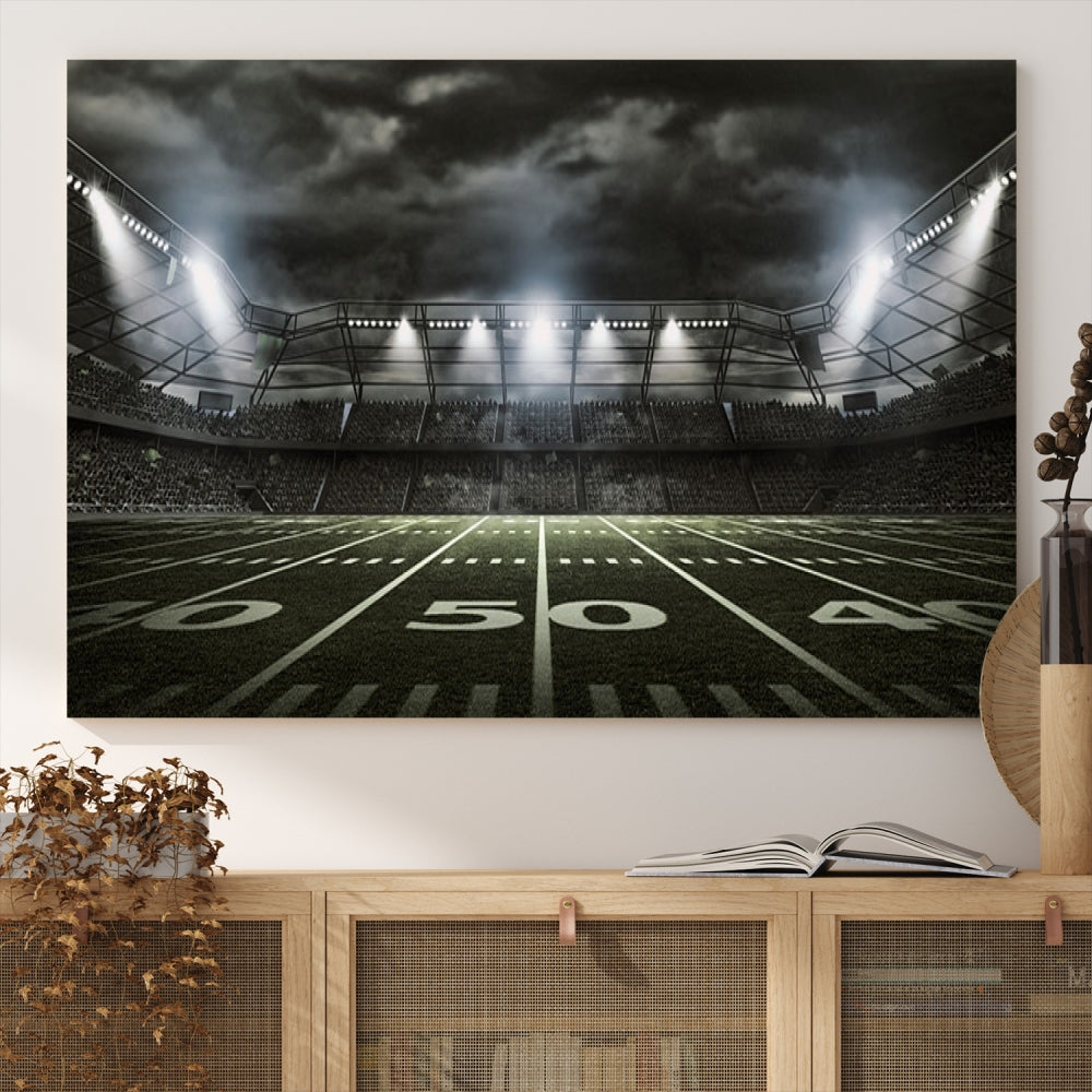 A print of an American football stadium elegantly hangs on the wall. This striking wall art piece, crafted on museum-quality canvas, features gallery wrapped edges for a polished appearance. Enjoy free shipping on this stunning artwork, known as the American Football Stadium Wall Art Canvas Print or Stadium Sport Wall Art Print.