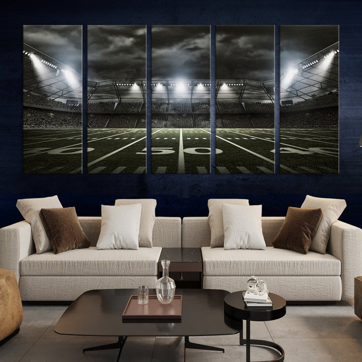 A print of an American football stadium elegantly hangs on the wall. This striking wall art piece, crafted on museum-quality canvas, features gallery wrapped edges for a polished appearance. Enjoy free shipping on this stunning artwork, known as the American Football Stadium Wall Art Canvas Print or Stadium Sport Wall Art Print.