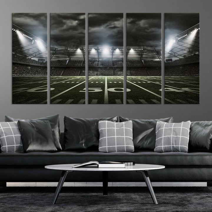 A print of an American football stadium elegantly hangs on the wall. This striking wall art piece, crafted on museum-quality canvas, features gallery wrapped edges for a polished appearance. Enjoy free shipping on this stunning artwork, known as the American Football Stadium Wall Art Canvas Print or Stadium Sport Wall Art Print.