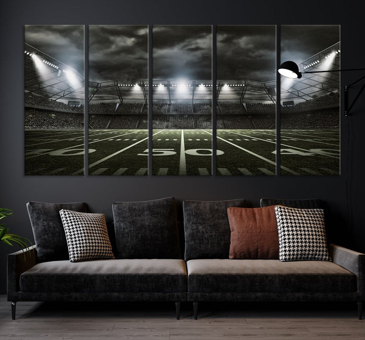 A print of an American football stadium elegantly hangs on the wall. This striking wall art piece, crafted on museum-quality canvas, features gallery wrapped edges for a polished appearance. Enjoy free shipping on this stunning artwork, known as the American Football Stadium Wall Art Canvas Print or Stadium Sport Wall Art Print.