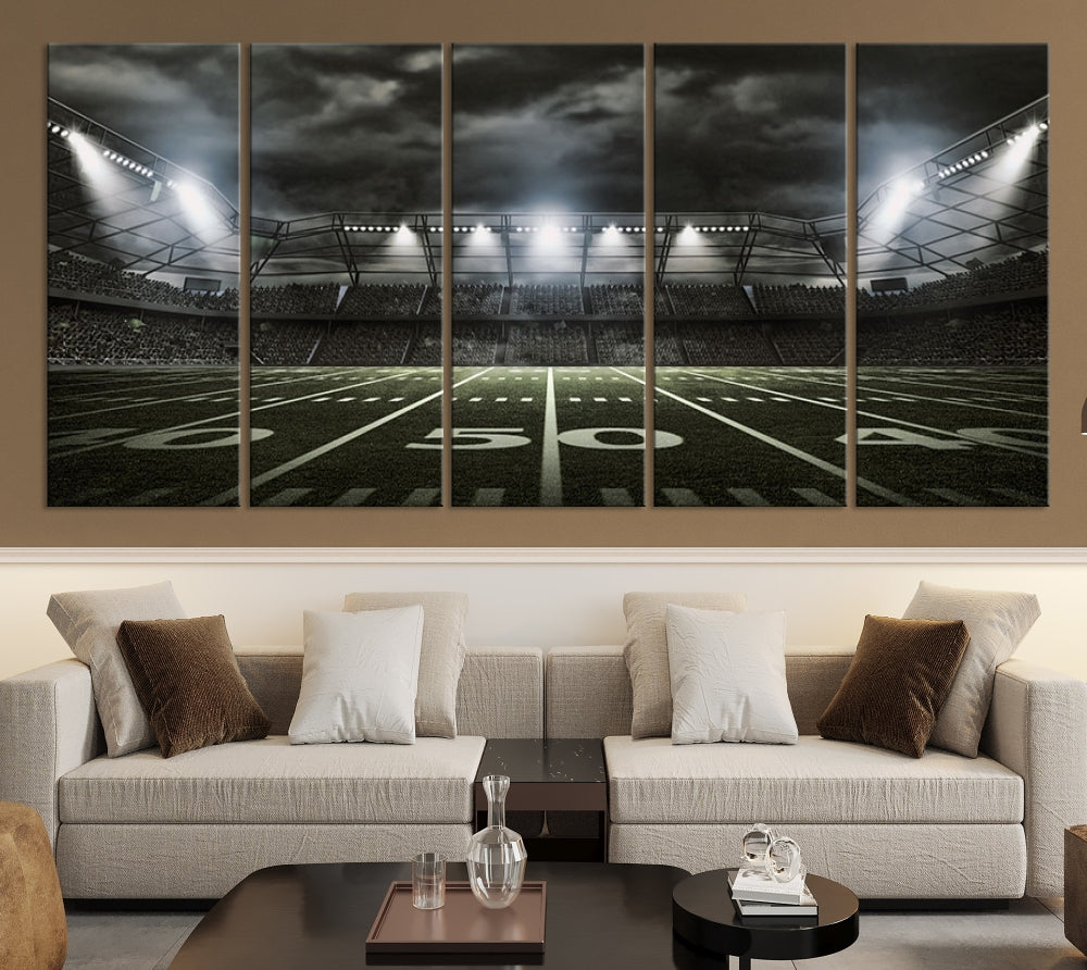 A print of an American football stadium elegantly hangs on the wall. This striking wall art piece, crafted on museum-quality canvas, features gallery wrapped edges for a polished appearance. Enjoy free shipping on this stunning artwork, known as the American Football Stadium Wall Art Canvas Print or Stadium Sport Wall Art Print.