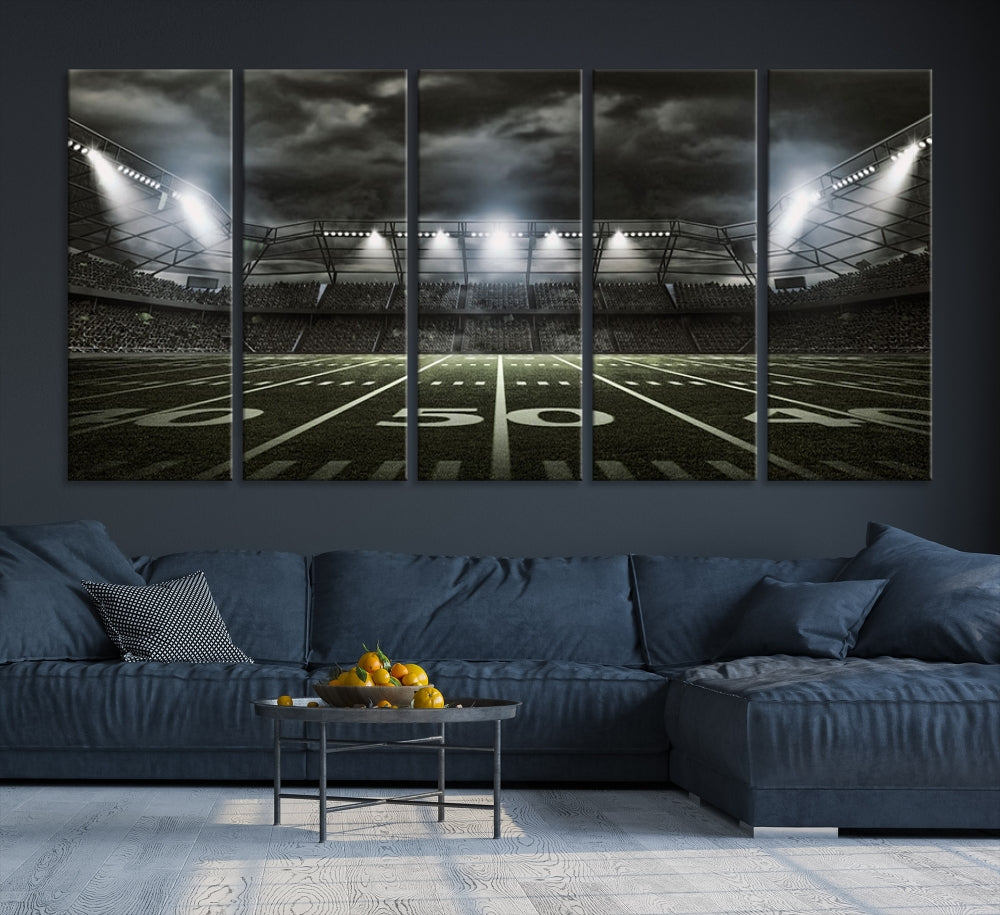 A print of an American football stadium elegantly hangs on the wall. This striking wall art piece, crafted on museum-quality canvas, features gallery wrapped edges for a polished appearance. Enjoy free shipping on this stunning artwork, known as the American Football Stadium Wall Art Canvas Print or Stadium Sport Wall Art Print.