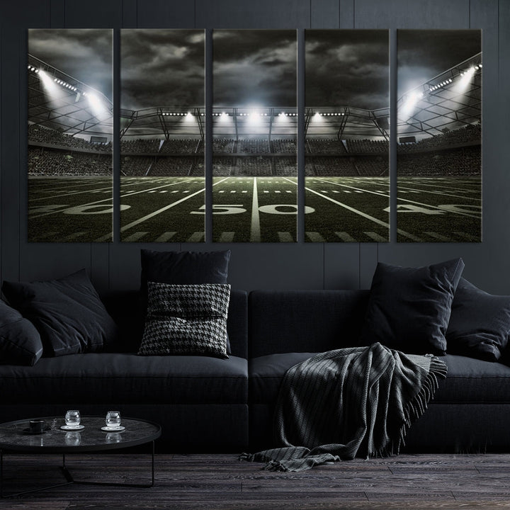 A print of an American football stadium elegantly hangs on the wall. This striking wall art piece, crafted on museum-quality canvas, features gallery wrapped edges for a polished appearance. Enjoy free shipping on this stunning artwork, known as the American Football Stadium Wall Art Canvas Print or Stadium Sport Wall Art Print.