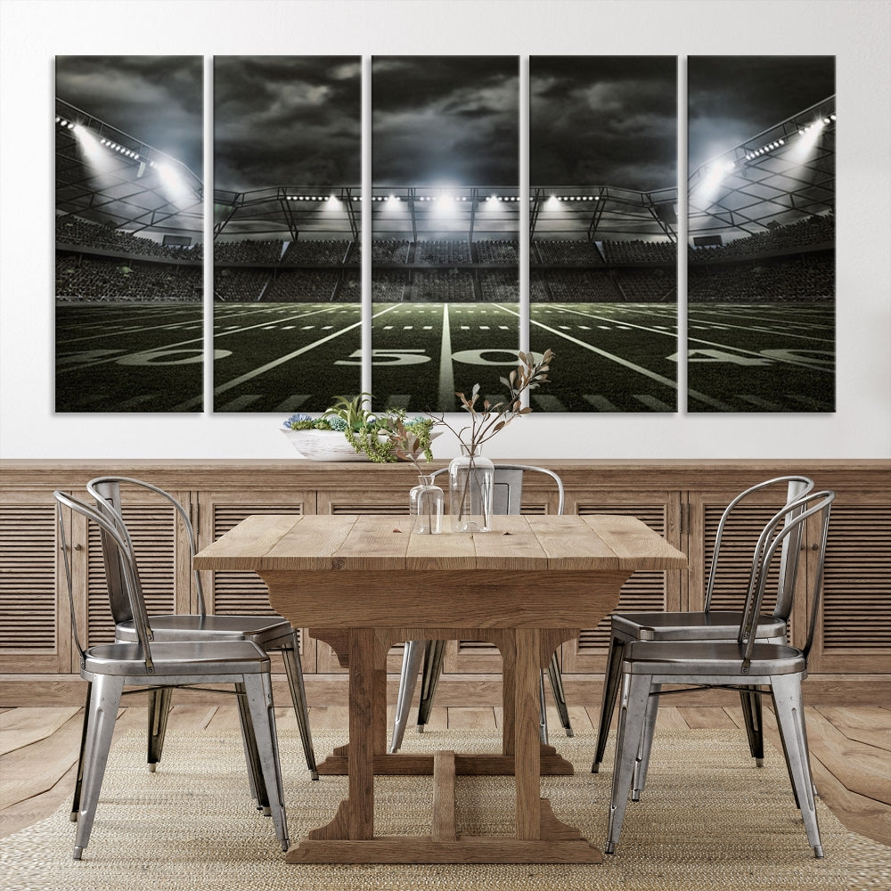 A print of an American football stadium elegantly hangs on the wall. This striking wall art piece, crafted on museum-quality canvas, features gallery wrapped edges for a polished appearance. Enjoy free shipping on this stunning artwork, known as the American Football Stadium Wall Art Canvas Print or Stadium Sport Wall Art Print.