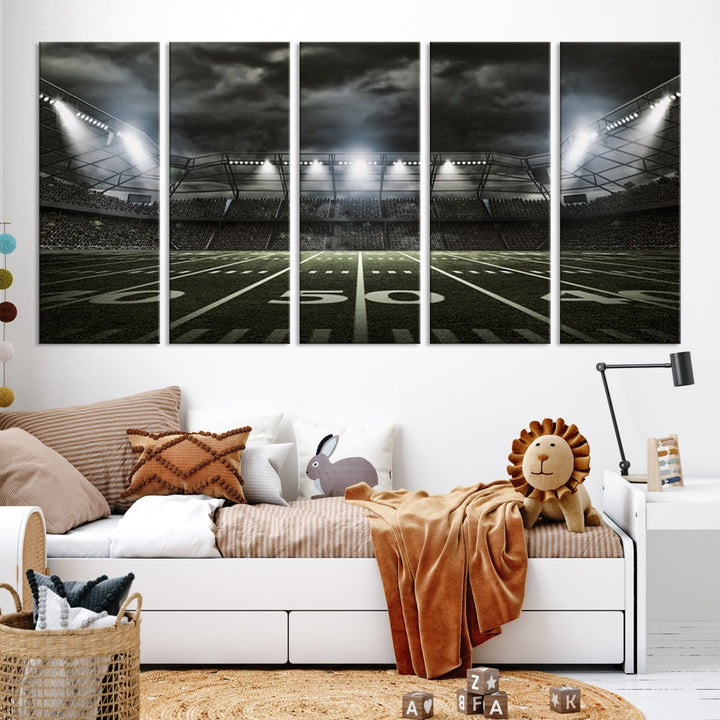 A print of an American football stadium elegantly hangs on the wall. This striking wall art piece, crafted on museum-quality canvas, features gallery wrapped edges for a polished appearance. Enjoy free shipping on this stunning artwork, known as the American Football Stadium Wall Art Canvas Print or Stadium Sport Wall Art Print.