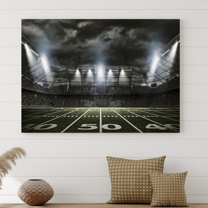 A print of an American football stadium elegantly hangs on the wall. This striking wall art piece, crafted on museum-quality canvas, features gallery wrapped edges for a polished appearance. Enjoy free shipping on this stunning artwork, known as the American Football Stadium Wall Art Canvas Print or Stadium Sport Wall Art Print.