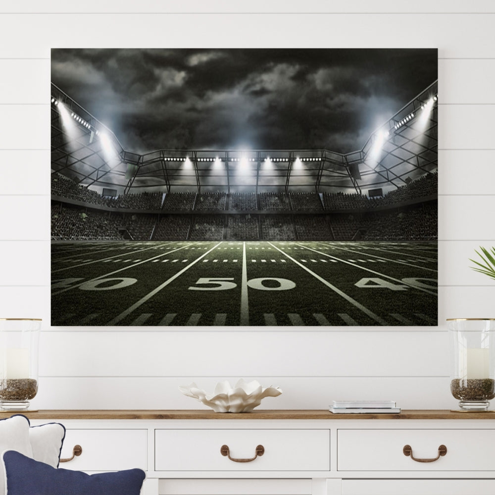 A print of an American football stadium elegantly hangs on the wall. This striking wall art piece, crafted on museum-quality canvas, features gallery wrapped edges for a polished appearance. Enjoy free shipping on this stunning artwork, known as the American Football Stadium Wall Art Canvas Print or Stadium Sport Wall Art Print.