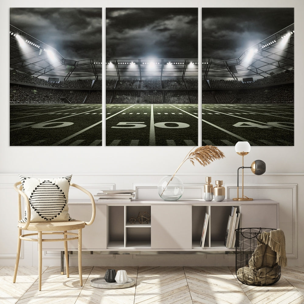 A print of an American football stadium elegantly hangs on the wall. This striking wall art piece, crafted on museum-quality canvas, features gallery wrapped edges for a polished appearance. Enjoy free shipping on this stunning artwork, known as the American Football Stadium Wall Art Canvas Print or Stadium Sport Wall Art Print.