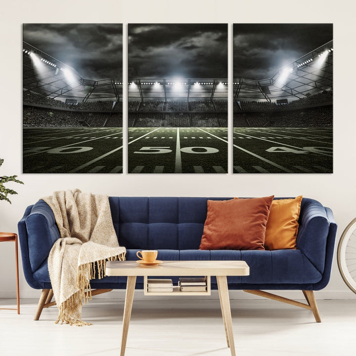 A print of an American football stadium elegantly hangs on the wall. This striking wall art piece, crafted on museum-quality canvas, features gallery wrapped edges for a polished appearance. Enjoy free shipping on this stunning artwork, known as the American Football Stadium Wall Art Canvas Print or Stadium Sport Wall Art Print.