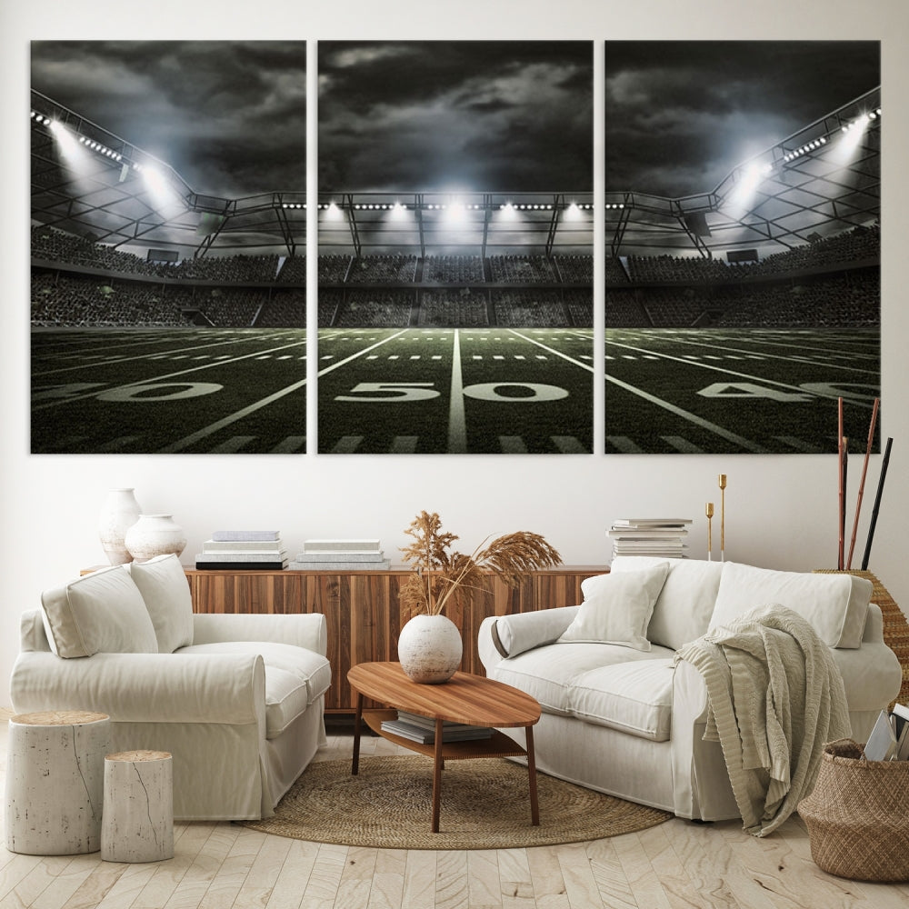 A print of an American football stadium elegantly hangs on the wall. This striking wall art piece, crafted on museum-quality canvas, features gallery wrapped edges for a polished appearance. Enjoy free shipping on this stunning artwork, known as the American Football Stadium Wall Art Canvas Print or Stadium Sport Wall Art Print.