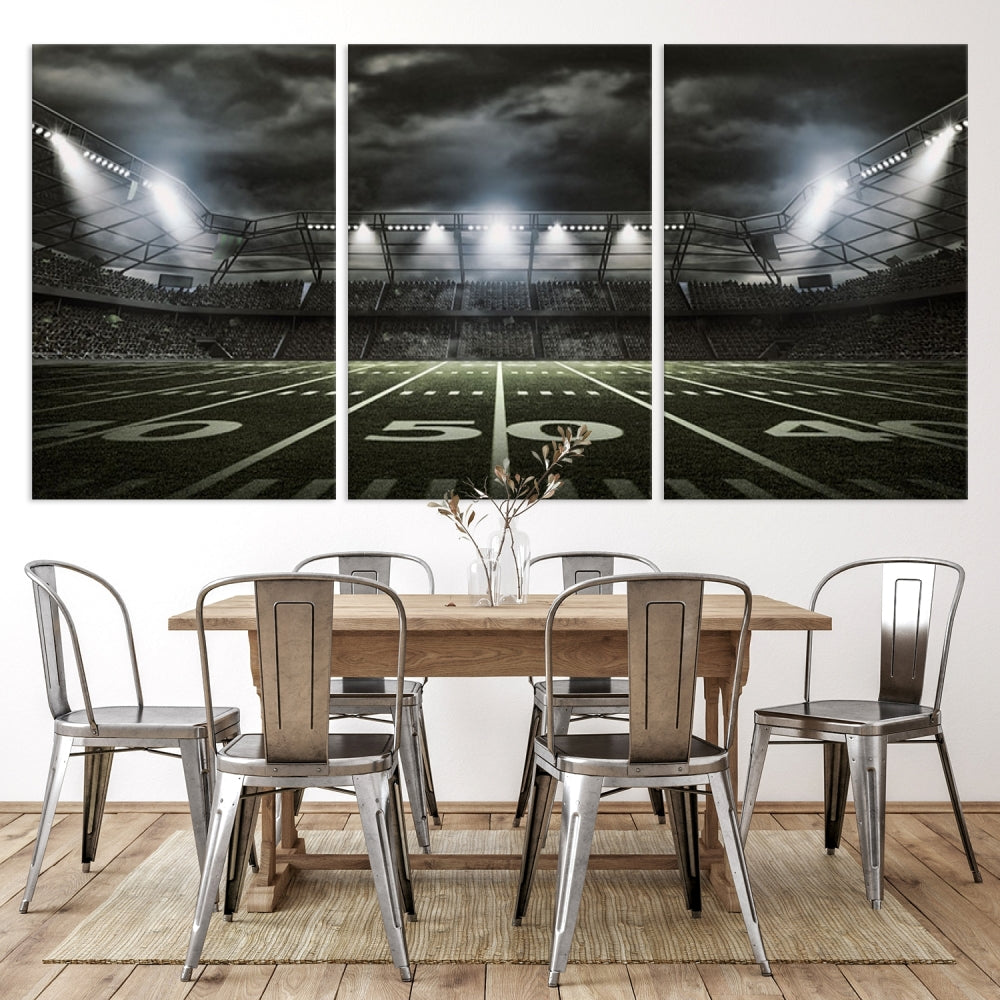 A print of an American football stadium elegantly hangs on the wall. This striking wall art piece, crafted on museum-quality canvas, features gallery wrapped edges for a polished appearance. Enjoy free shipping on this stunning artwork, known as the American Football Stadium Wall Art Canvas Print or Stadium Sport Wall Art Print.