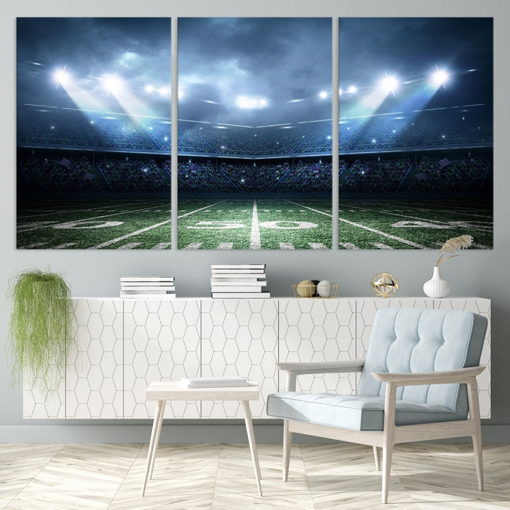 The *American Football Stadium Wall Art Canvas Print*, showcasing a lit football stadium, hangs prominently.