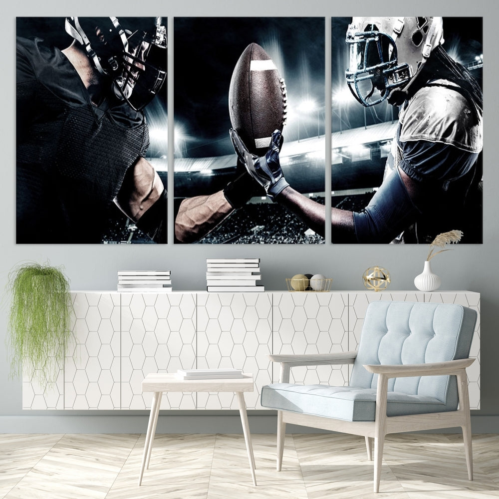 A modern living room features the "American Football Wall Art Canvas Print," a triptych of museum-quality canvases showcasing American football players.