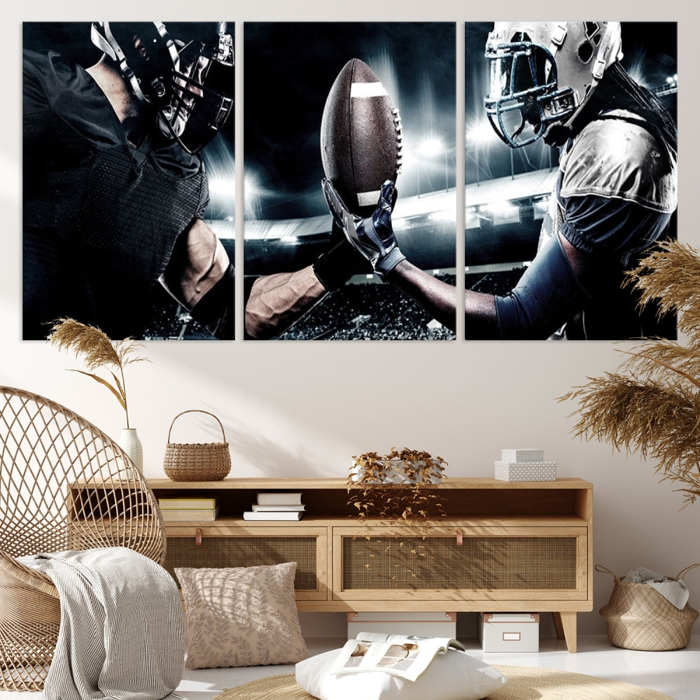 A modern living room features the "American Football Wall Art Canvas Print," a triptych of museum-quality canvases showcasing American football players.