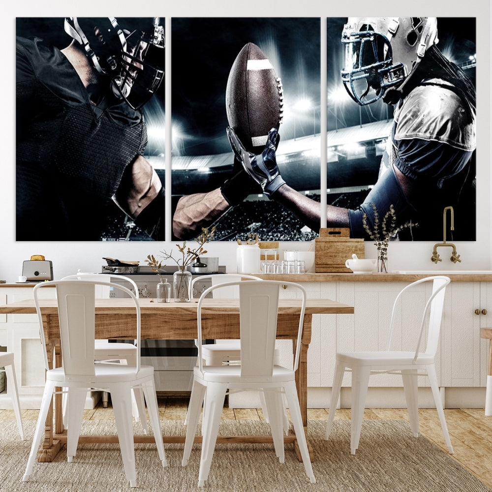 A modern living room features the "American Football Wall Art Canvas Print," a triptych of museum-quality canvases showcasing American football players.