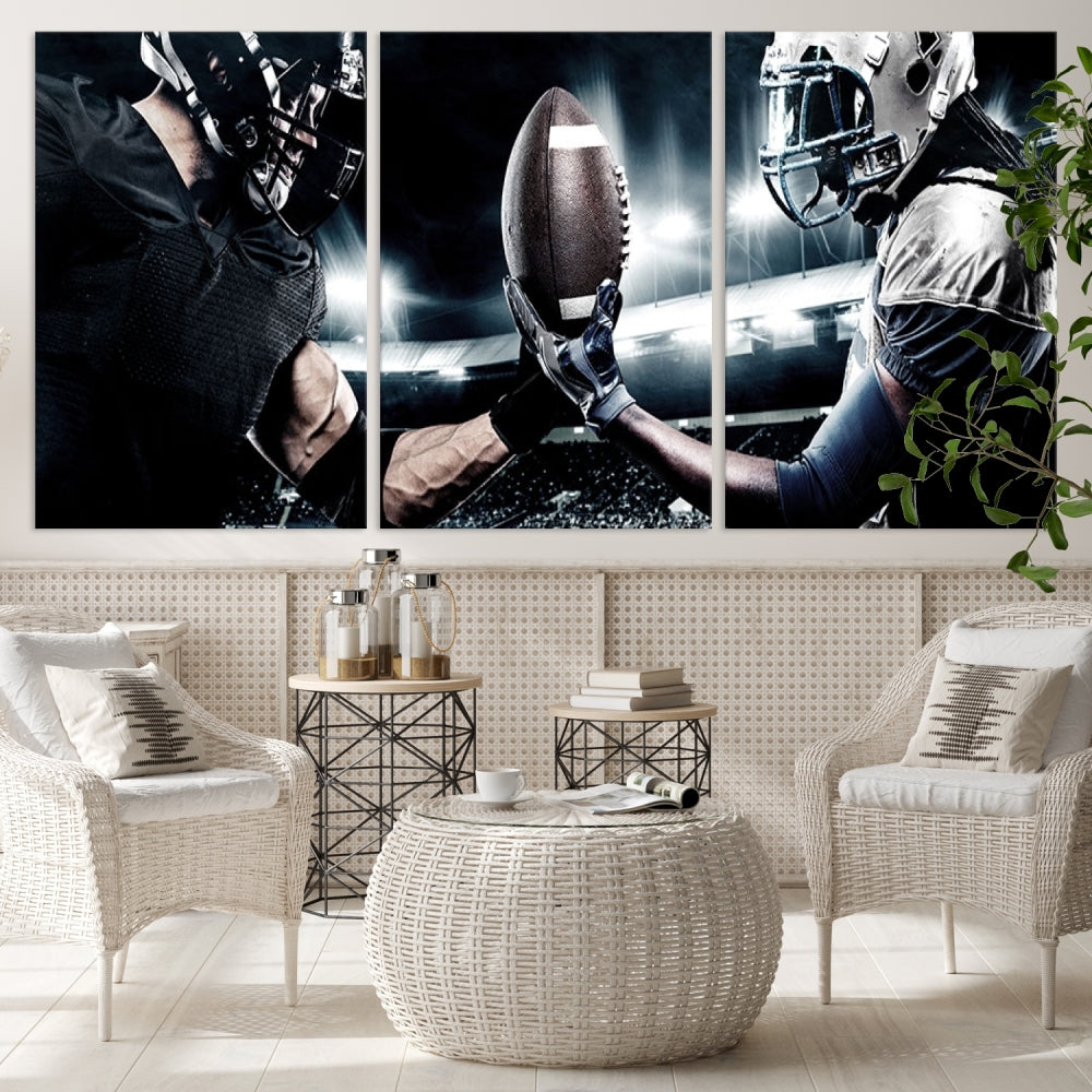 A modern living room features the "American Football Wall Art Canvas Print," a triptych of museum-quality canvases showcasing American football players.