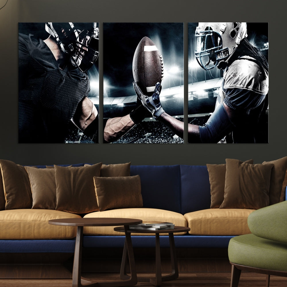 A modern living room features the "American Football Wall Art Canvas Print," a triptych of museum-quality canvases showcasing American football players.