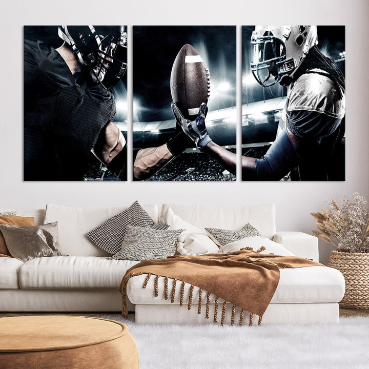 A modern living room features the "American Football Wall Art Canvas Print," a triptych of museum-quality canvases showcasing American football players.