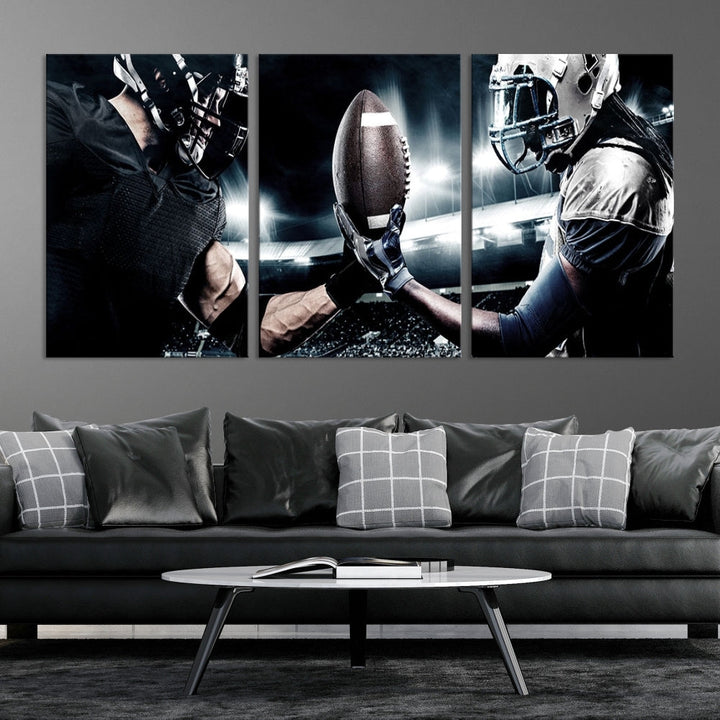 A modern living room features the "American Football Wall Art Canvas Print," a triptych of museum-quality canvases showcasing American football players.